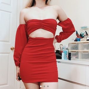 Red Off the Shoulders Cut Out Bodycon Dress